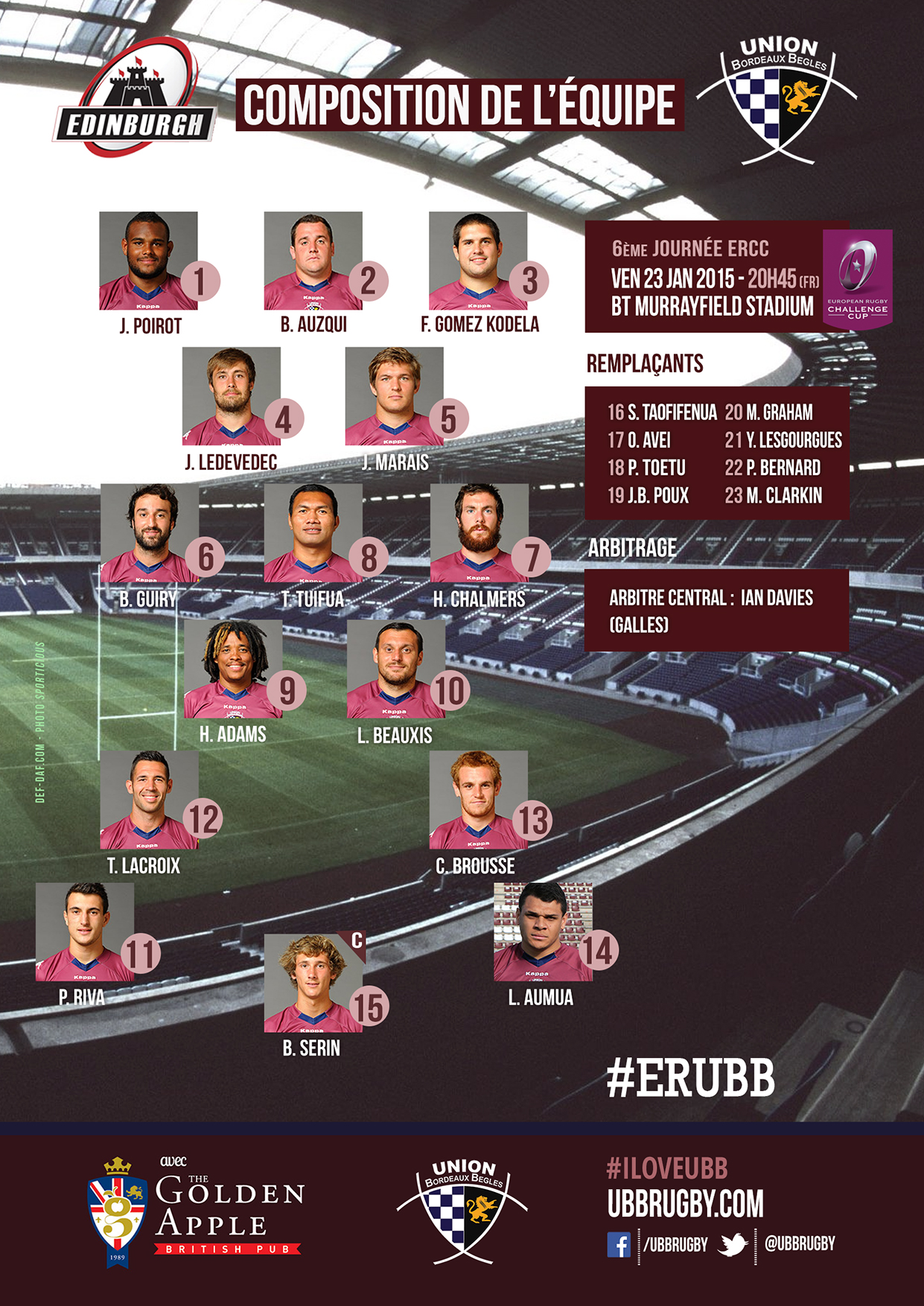 Composition équipe Edimbourg - UBB Rugby Challenge Cup 2015