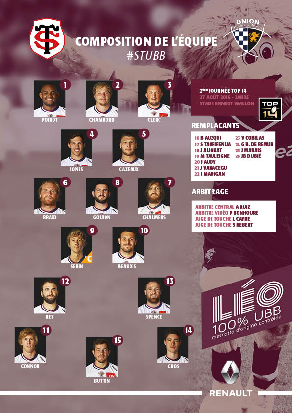 Composition Stade Toulousain - UBB Top 14 saison 2016-2017