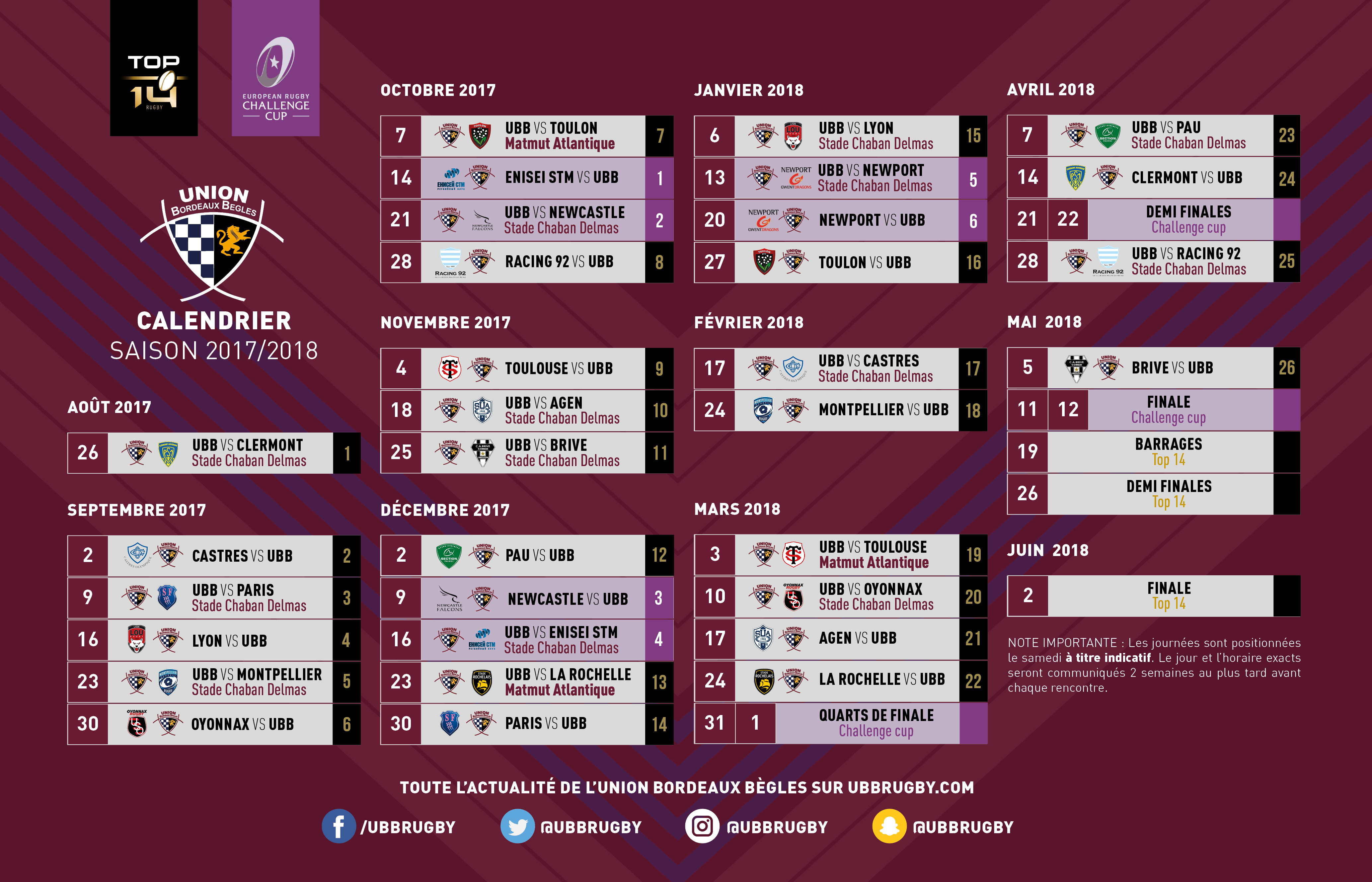 Calendrier TOP 14 saison 2017-2018