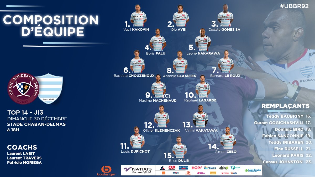 La compo face au Racing 92 - Actualités - Union Bordeaux Bègles (UBB ...