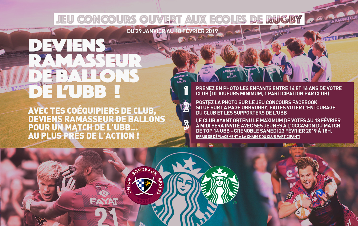 Jeu concours Starbucks Bordeaux - deviens ramasseur de ballon en Top14 rugby au stade Chaban Delmas