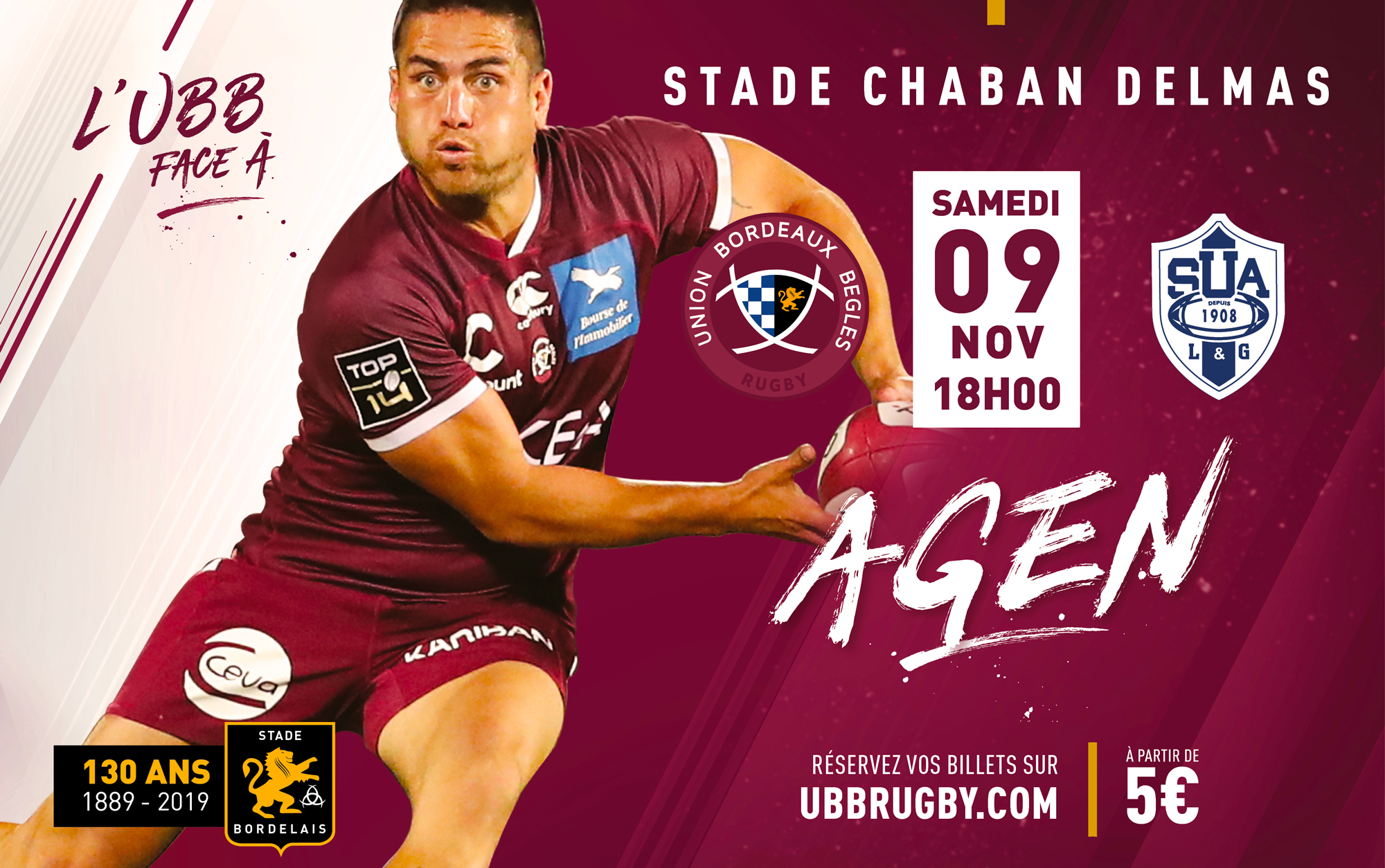 UBB - SU Agen samedi à 18h à Chaban Delmas