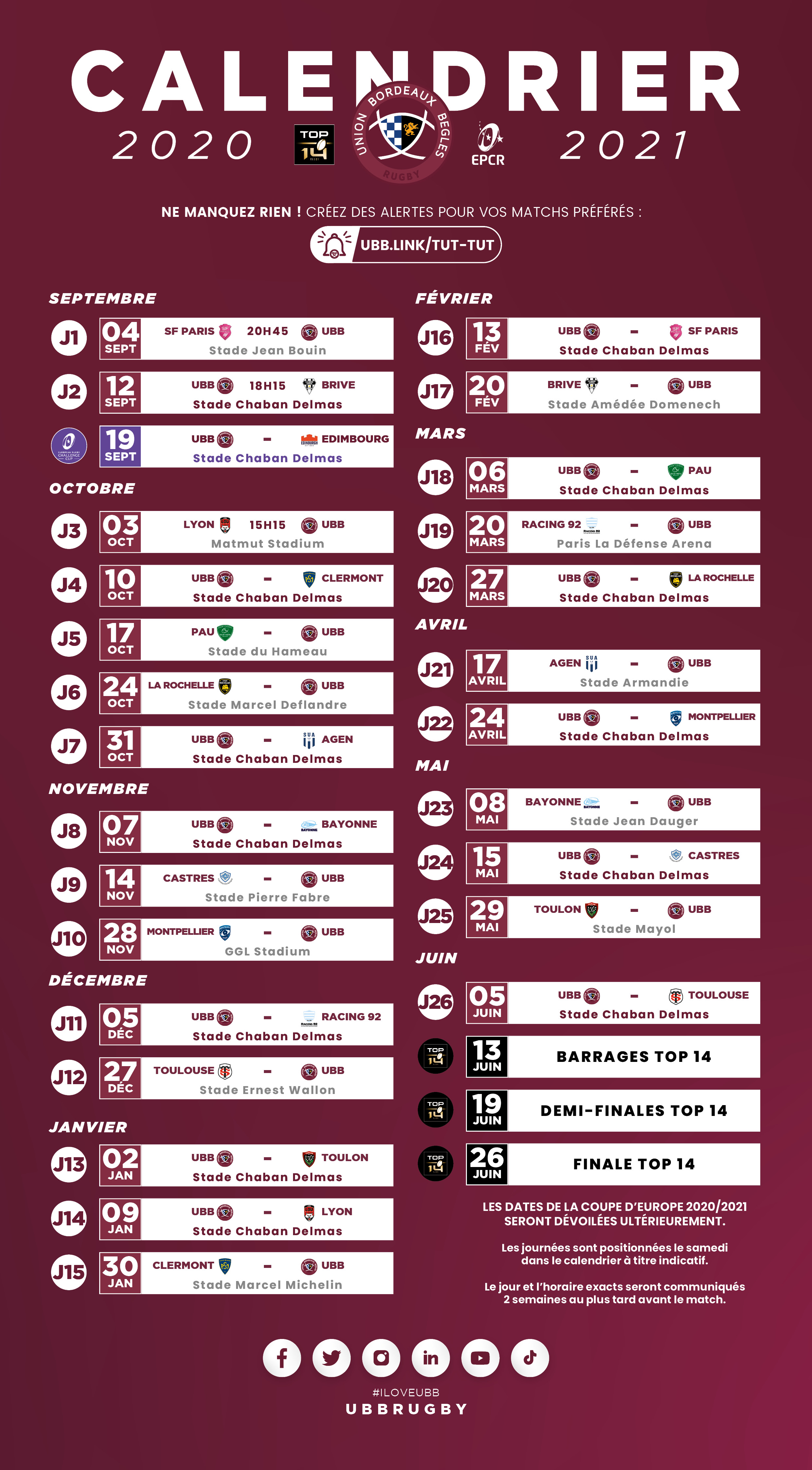 calendrier ubb top 14 2020 2021 Bordeaux