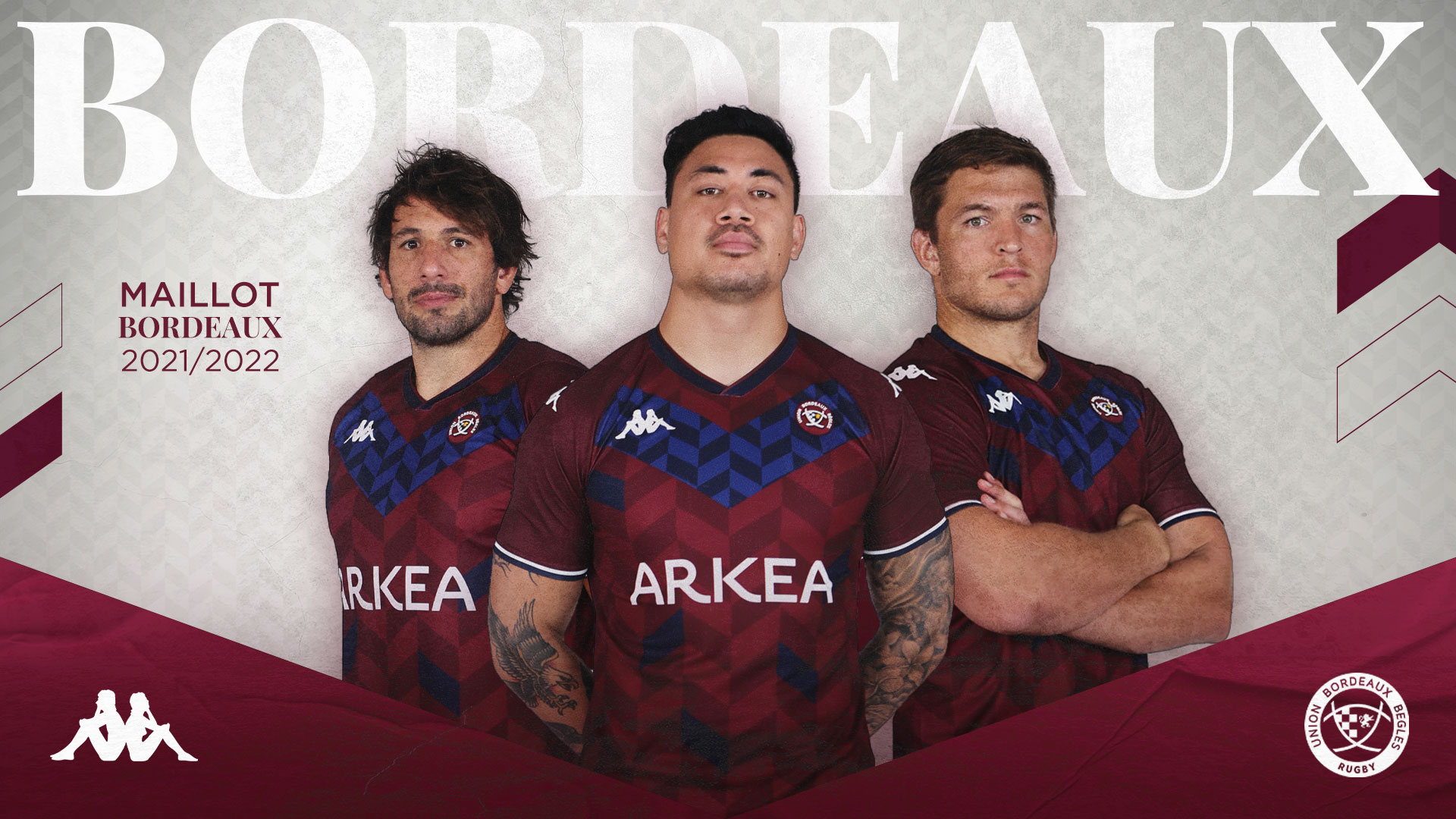 Le maillot Bordeaux de l'UBB avec Ben Lam, Rémi Lamerat et Jandre Marais