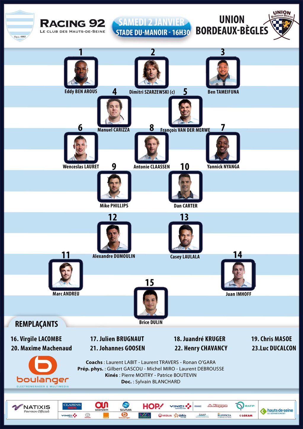 La composition face au Racing 92 Actualités Union Bordeaux Bègles