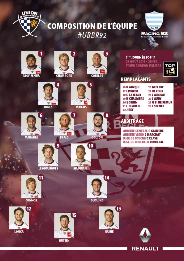 La composition face au Racing 92 - Actualités - Union Bordeaux Bègles ...