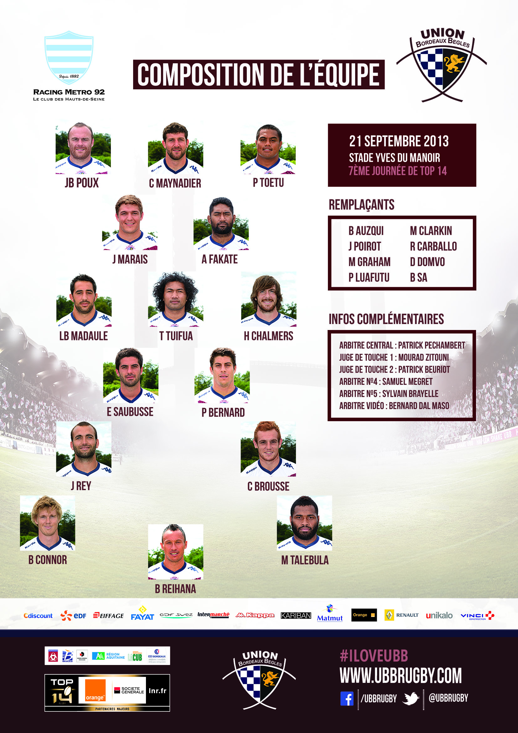 Composition de l'équipe UBB pour RACING METRO 92 - UBB