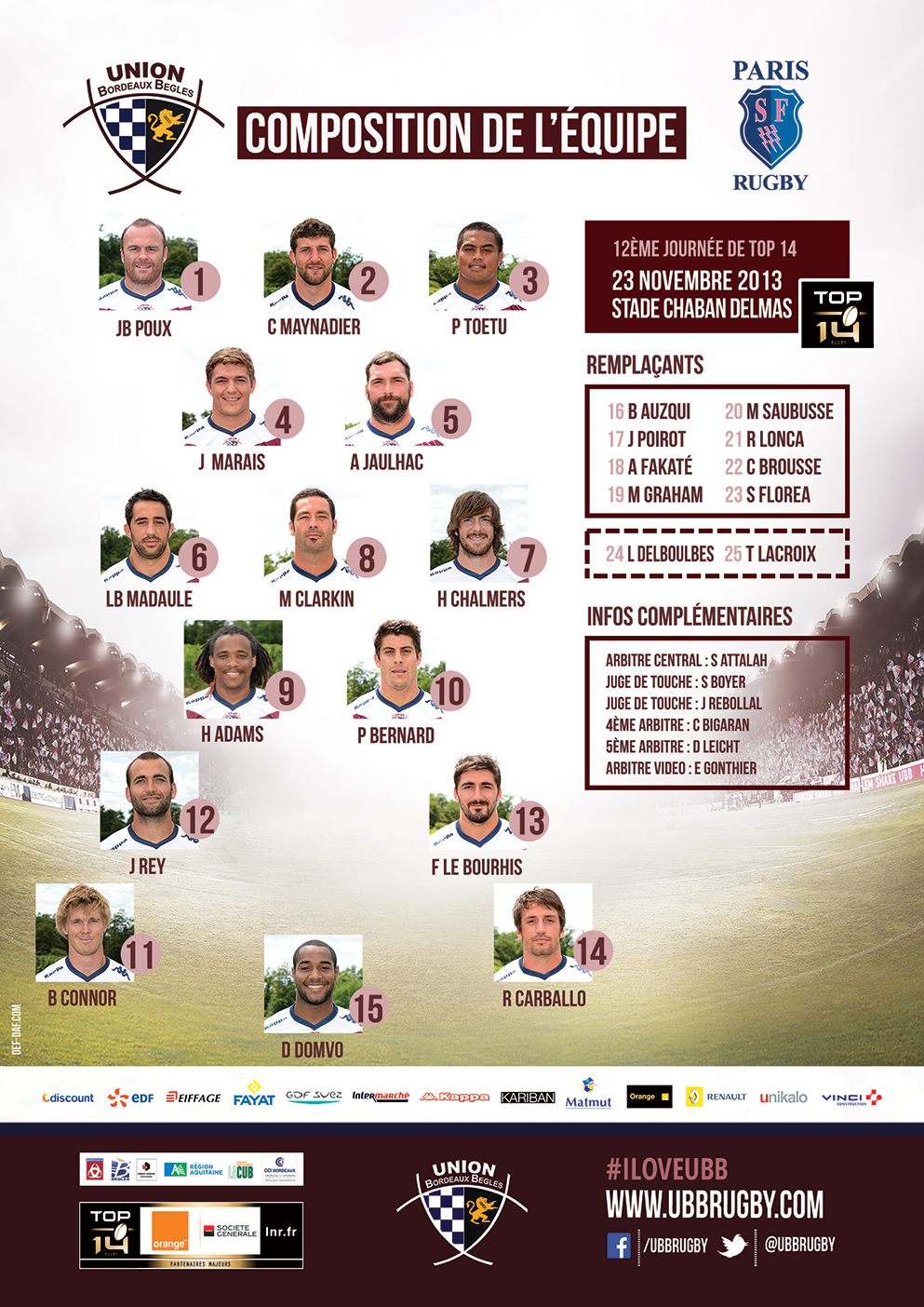 Composition UBB - STADE FRANCAIS PARIS Saison 2013-2014 - Rugby Top 14