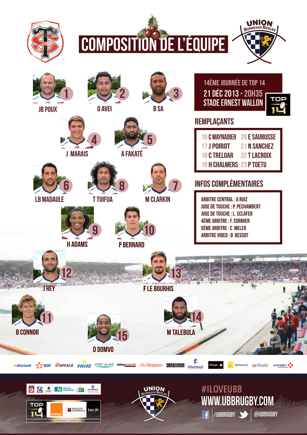 Composition de l'équipe UBB face au Stade Toulousain