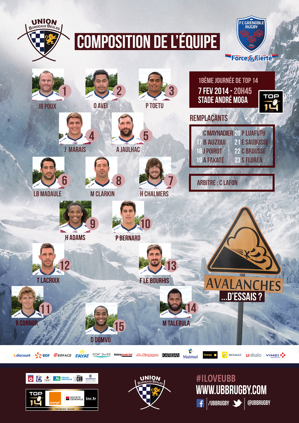 Composition de l'équipe UBB - GRENOBLE 7 FEVRIER 2014