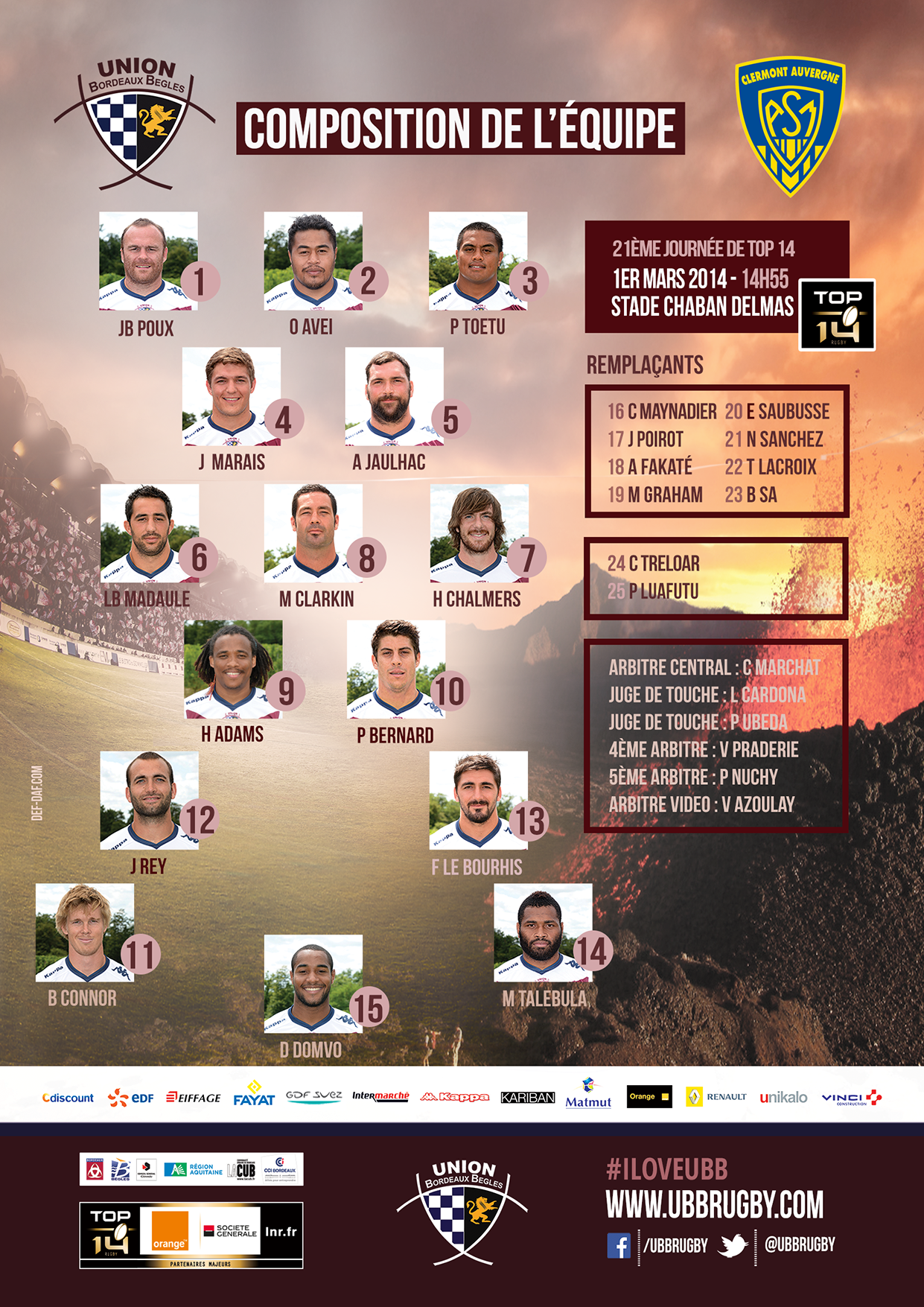 Composition de l'équipe UBB - ASM Clermont 2013-2014