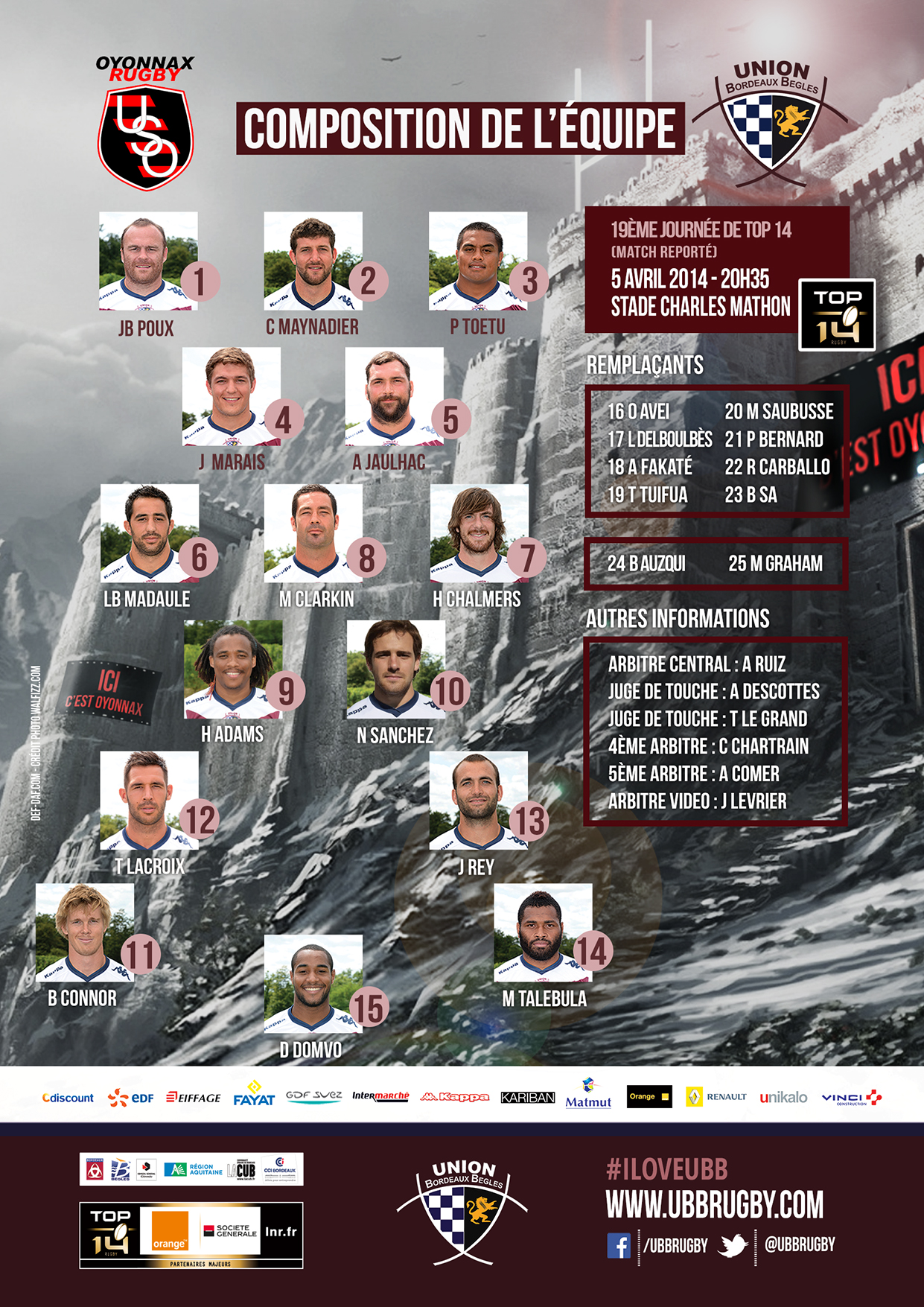 Composition Oyonnax - UBB 2013-2014 Top 14