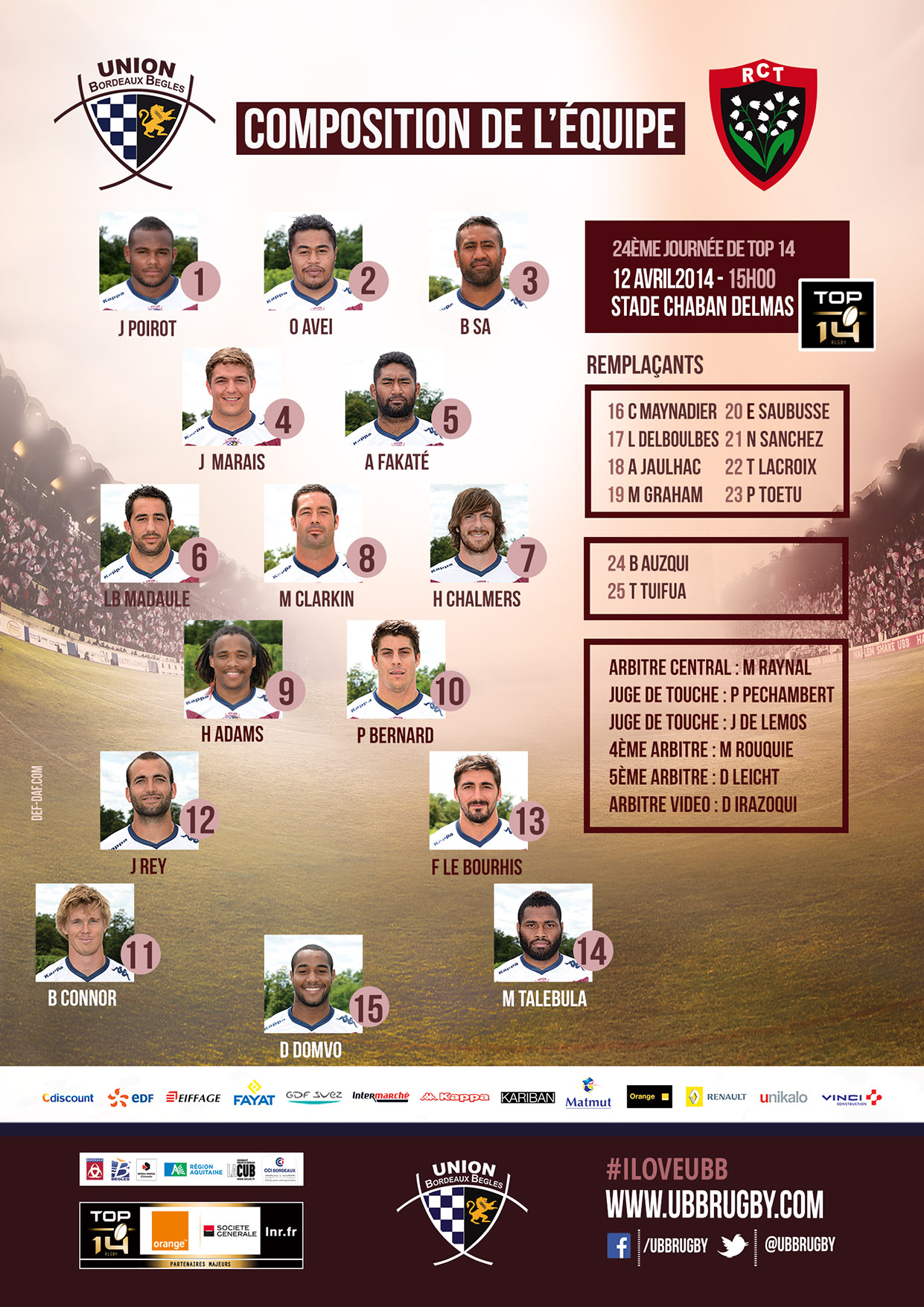 Composition UBB - RC Toulon saison 2013-2014 Top 14