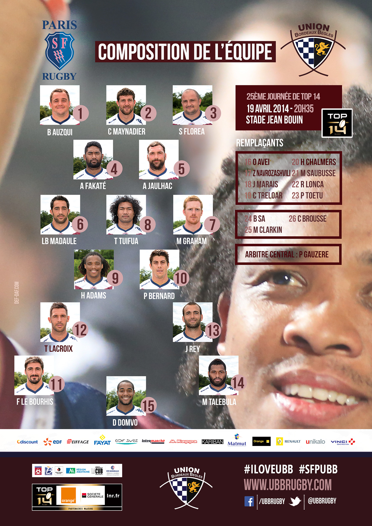 Composition de l'UBB face au Stade Francais Paris 2013-2014