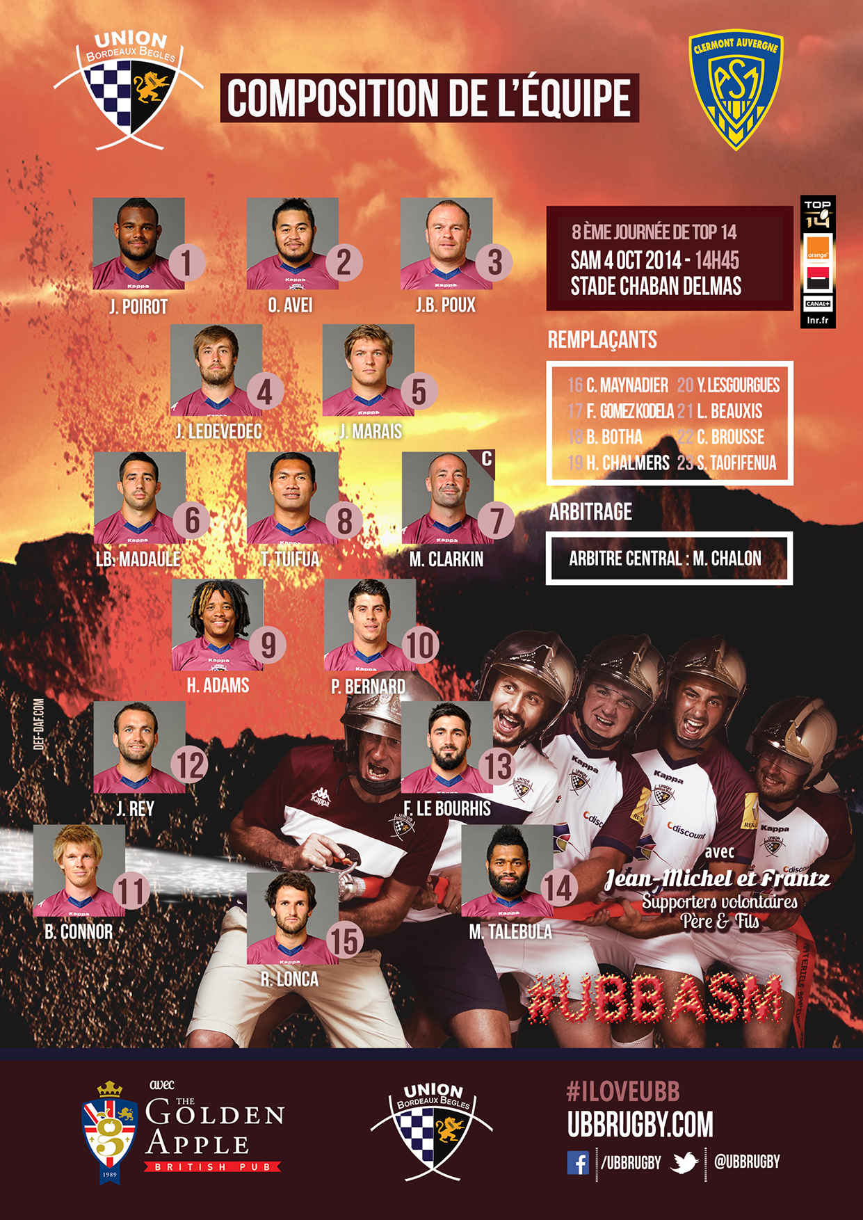 Composition UBB - ASM CA saison 2014-2015 - Top 14