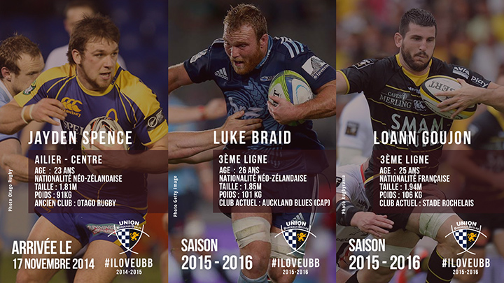 Signatures UBB Rugby - joueurs Jayden Spence - Loann Goujon - Luke Braid