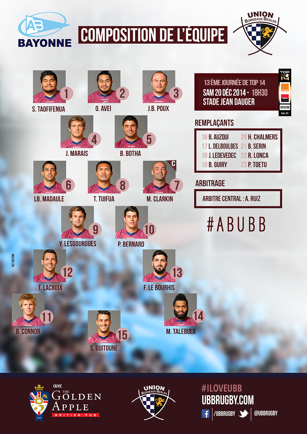 Composition AB - UBB saison 2014-2015 top 14