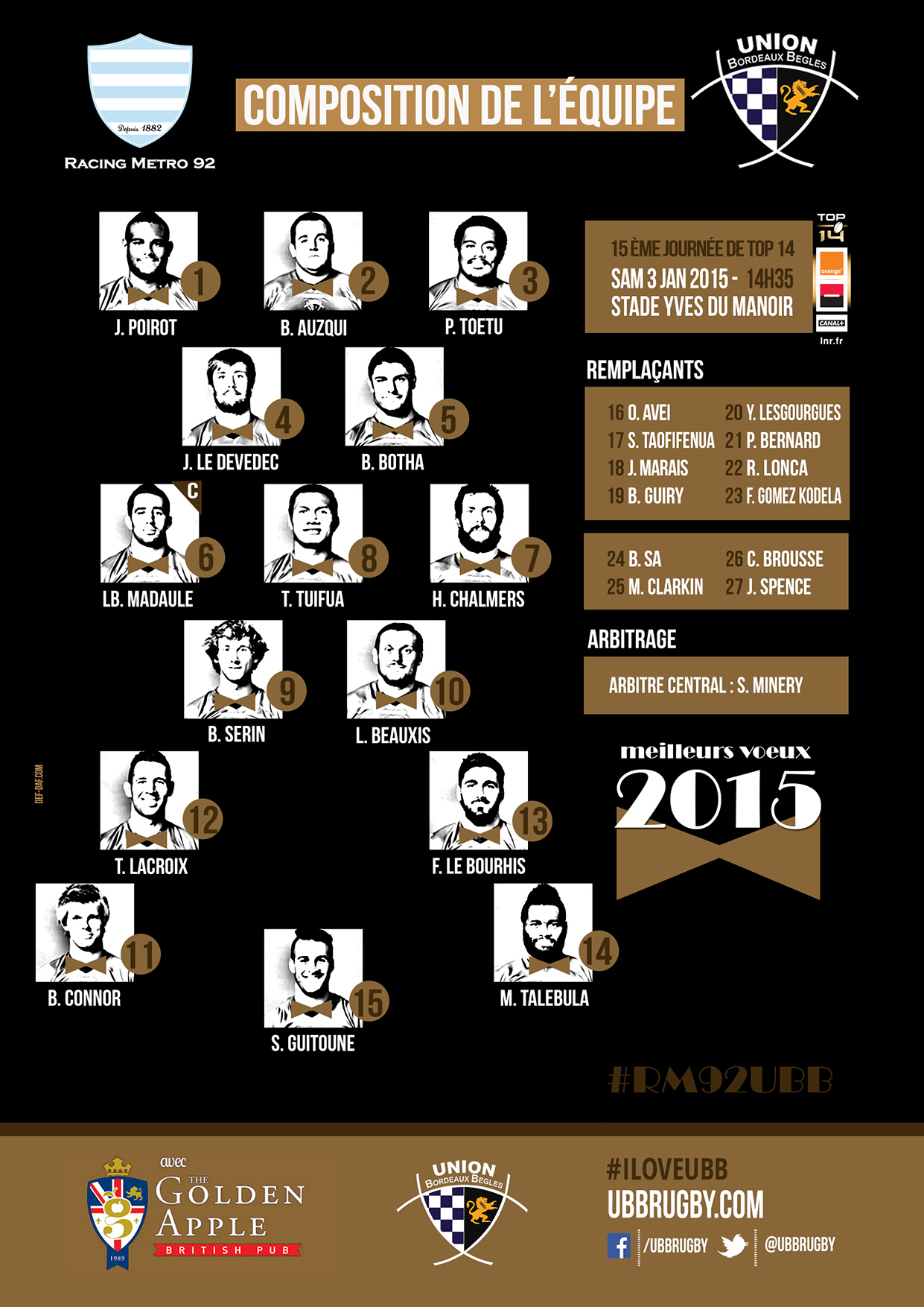 Composition RACING METRO 92 - UBB saison 2014-2015
