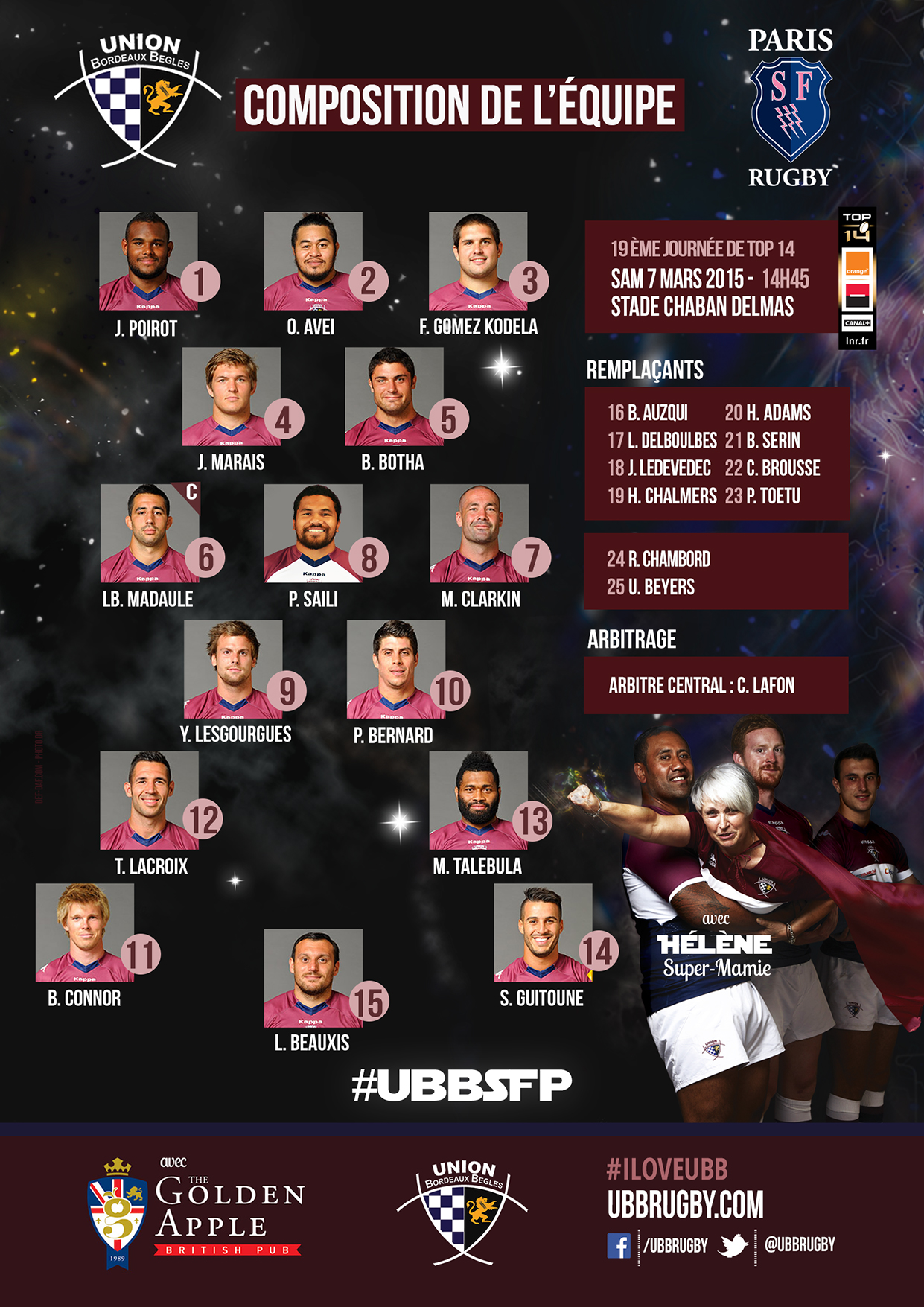 COMPOSITION UBB - Stade Francais Paris - saison 2014-2015